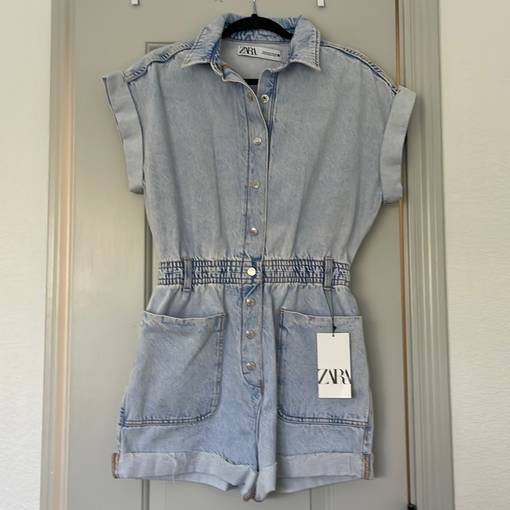 Zara Light Wash Denim Romper - Light Blue - Picture 2 of 4